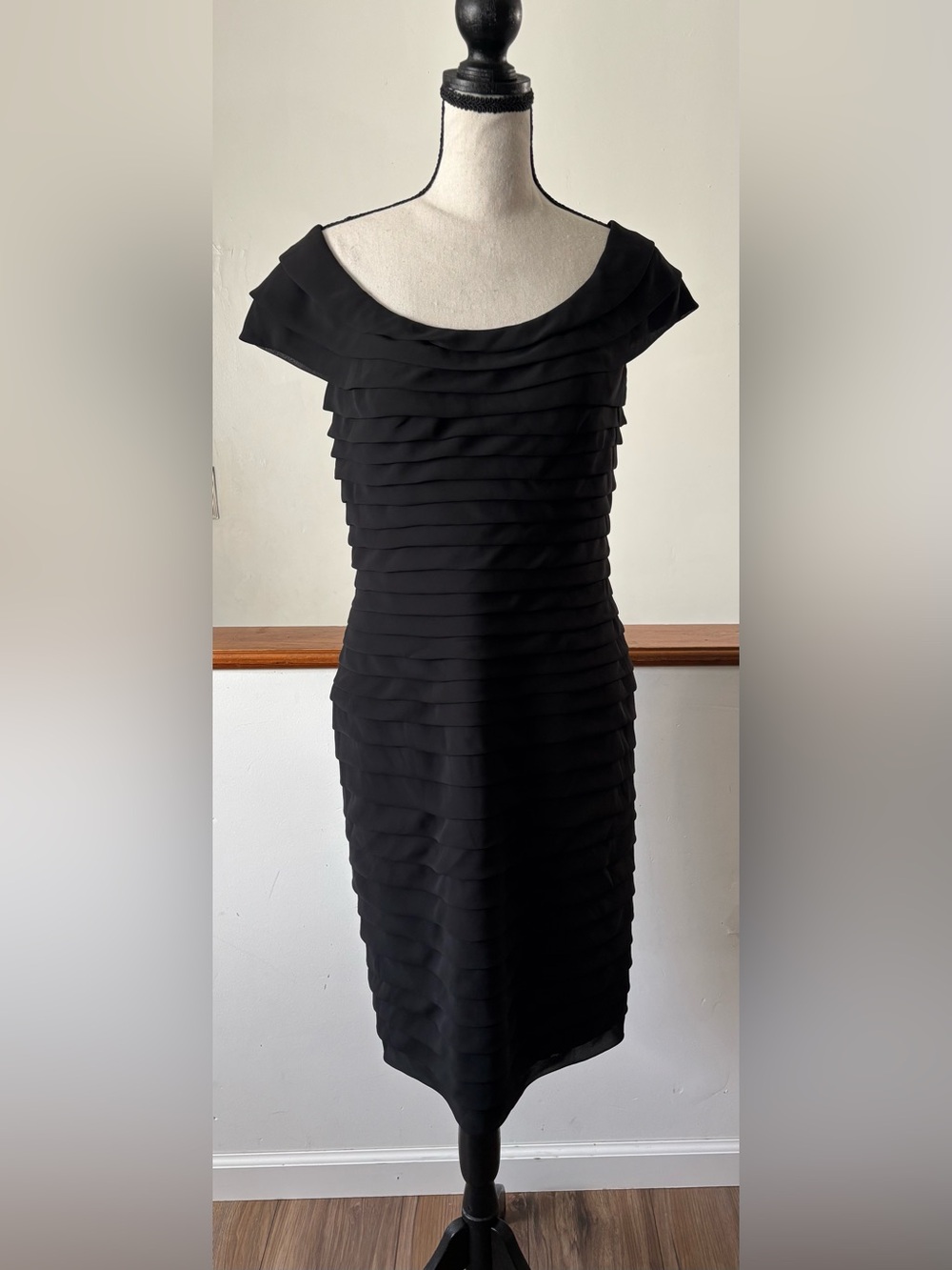 Adrianna Papell Shutter Pleat Bateau Neck Black Sheath Dress.